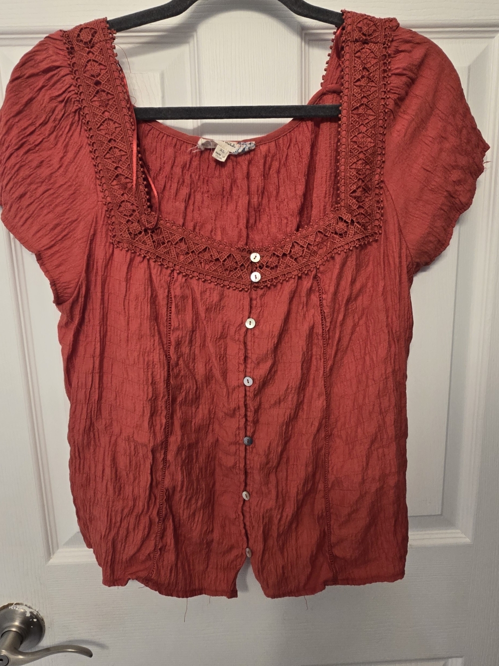 Pink Republic Rust-Red Crochet Square Neck Button Front Top